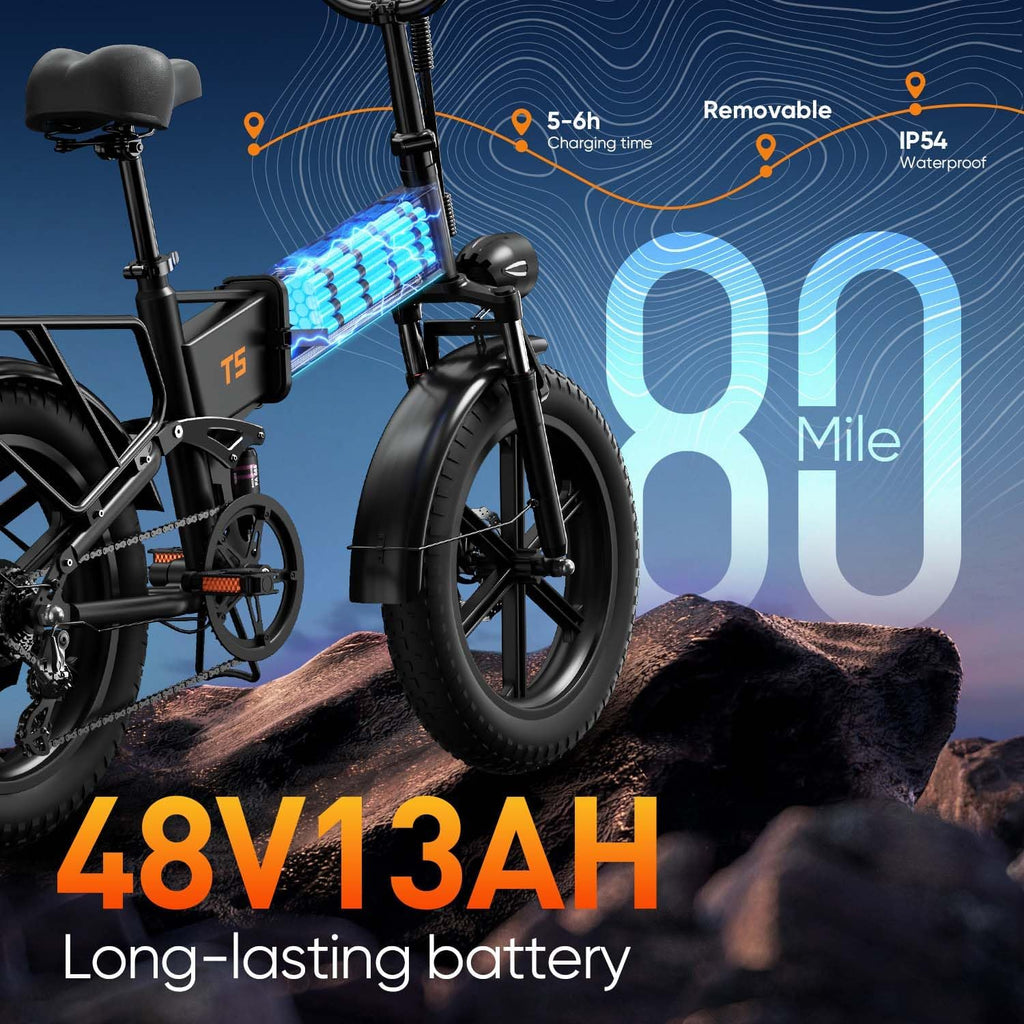 20" × 4" Foldable Fat Tire Electric Bike for Adults, Up to 60–80 Mile Range, LED Display, All-Terrain Commuter E-Bike