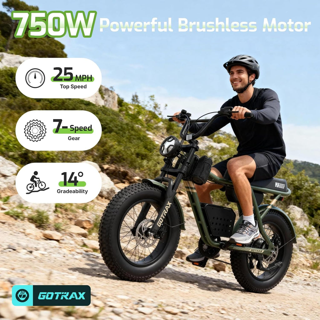 20" Fat Tire Electric Bike for Adults, 750W Motor, Up to 25 MPH, Up to 45 Mile Range, City & All-Terrain Commuter E-Bike with Rear Basket