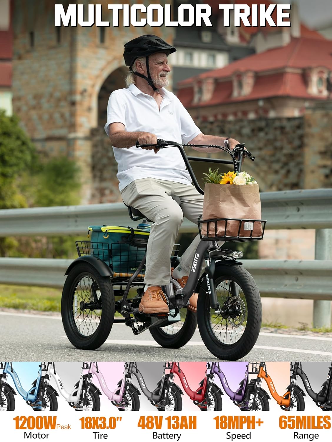 Adult Folding Electric Trike with Peak Motor, 18" Fat Tires, Step-Through 3-Wheel Electric Bicycle, Up to 18 MPH, Long-Range Electric Tricycle