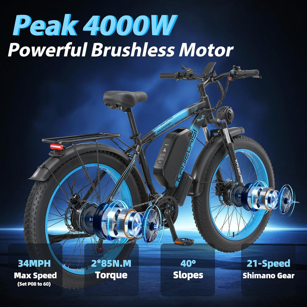 4000W Peak Dual Motor Electric Bike for Adults, 26" Fat Tire E-Bike, 21-Speed All-Terrain Bicycle with Removable Power Pack & Dual Hydraulic Disc Brakes