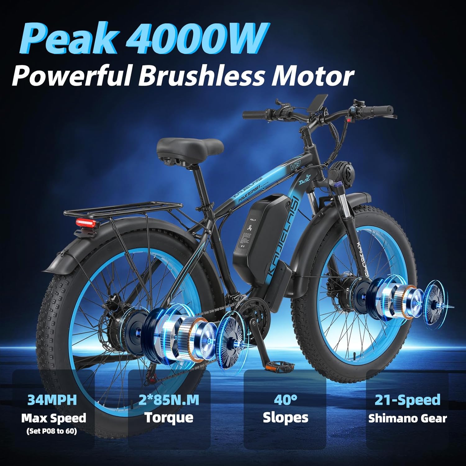 4000W Peak Dual Motor Electric Bike for Adults, 26" Fat Tire E-Bike, 21-Speed All-Terrain Bicycle with Removable Power Pack & Dual Hydraulic Disc Brakes