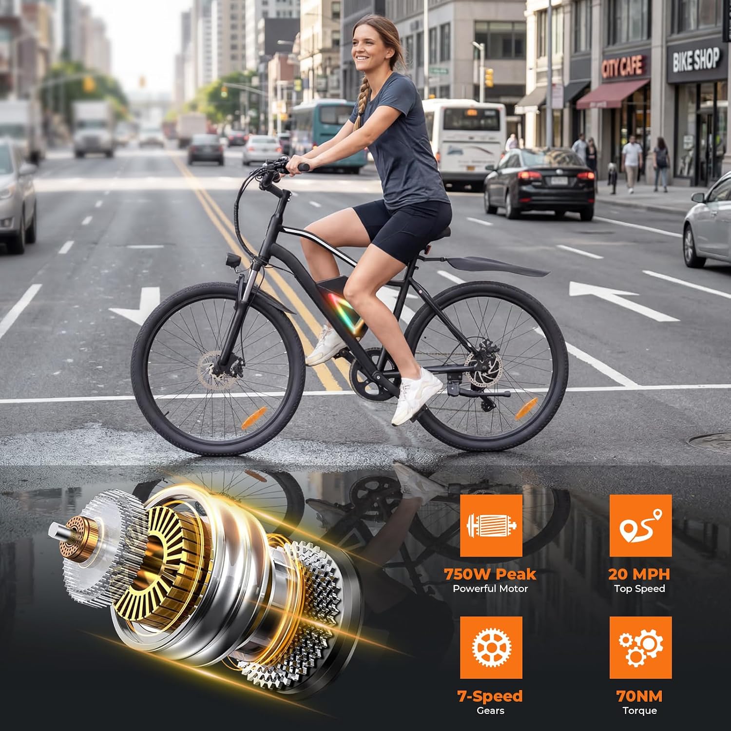 26" Electric Bike for Adults with 1000W Peak Motor, App Control, Front Suspension, Up to 20 MPH & 70+ Miles Range