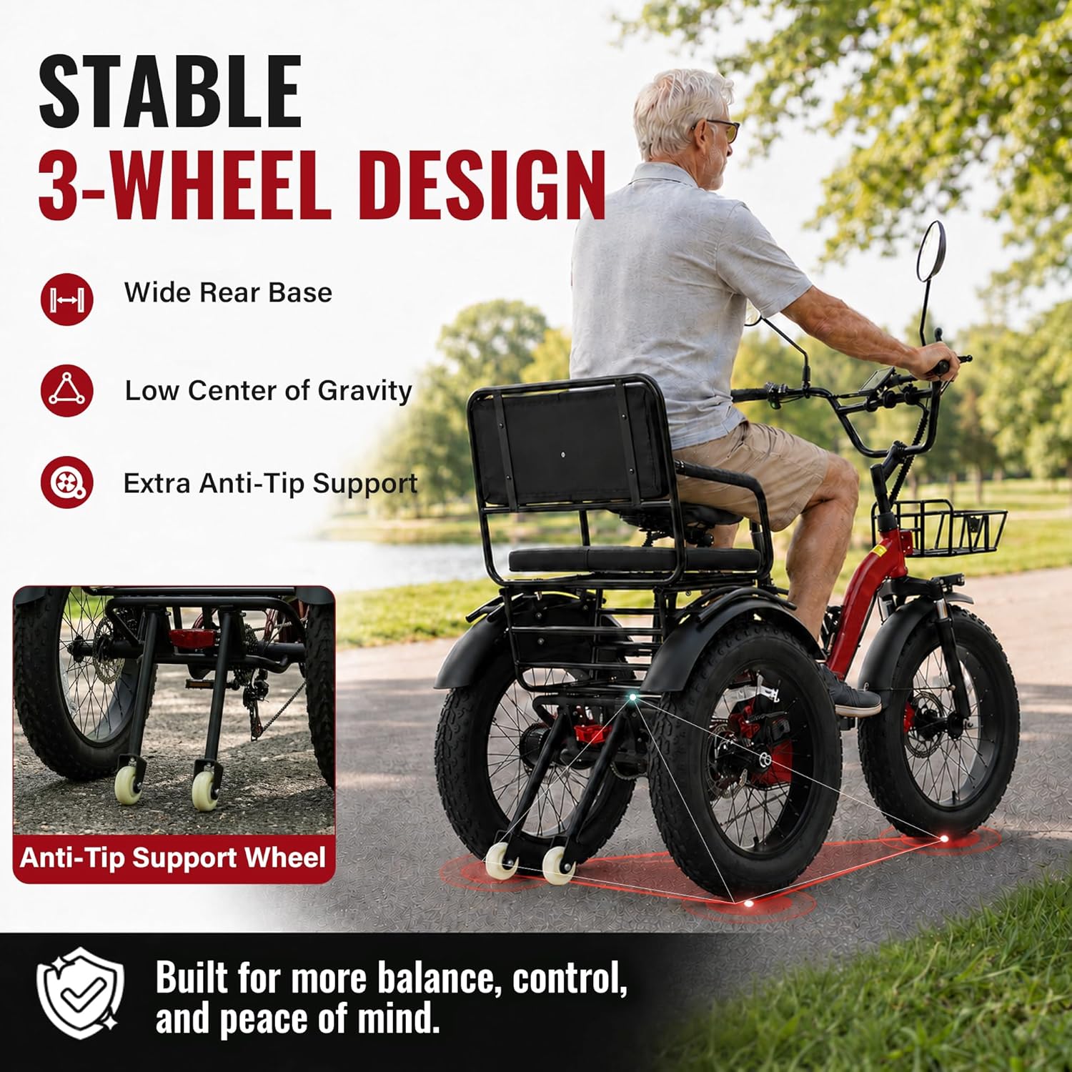 Two-Seater Folding Electric Tricycle for Adults with 1350W Peak Motor, Passenger Seat, 20" x 4.0" Fat Tires & Rear Differential
