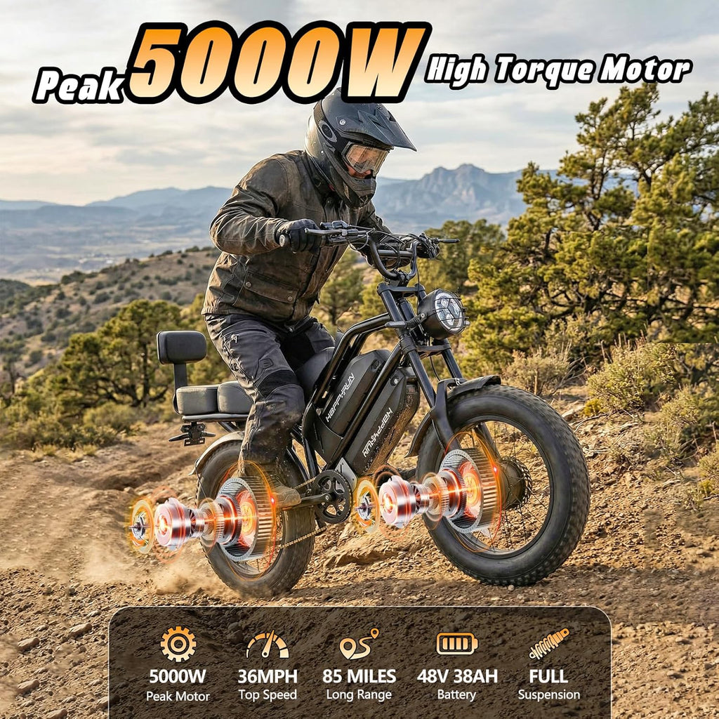 20" Fat Tire Electric Bike for Adults with 5000W Peak Dual Motor, Dual Power System, Hydraulic Disc Brakes, Up to 36 MPH & 85+ Miles Range