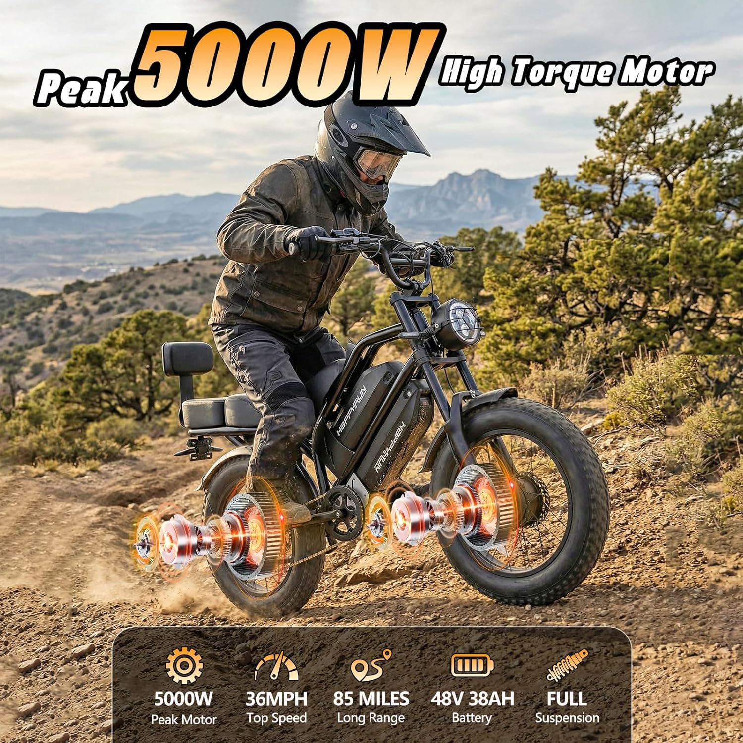 20" Fat Tire Electric Bike for Adults with 5000W Peak Dual Motor, Dual Power System, Hydraulic Disc Brakes, Up to 36 MPH & 85+ Miles Range
