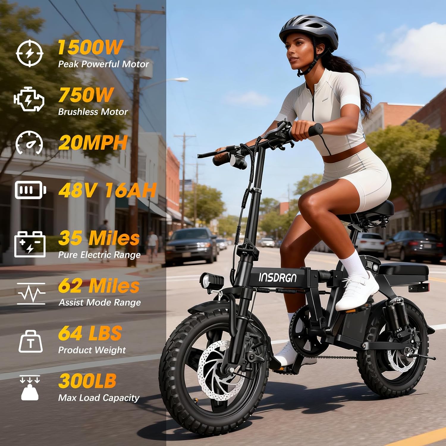 14" Foldable Electric Bike for Adults, 1500W Peak Motor, Up to 20 MPH, 35–62 Mile Range, Compact Commuter E-Bike