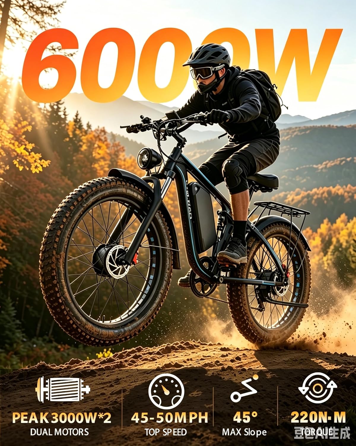 Dual Motor Electric Mountain Bike for Adults, 6000W Peak Power, Up to 50 MPH, Up to 100 Mile Range, Full Suspension, Hydraulic Brakes, 24"/26" Fat Tire E-Bike
