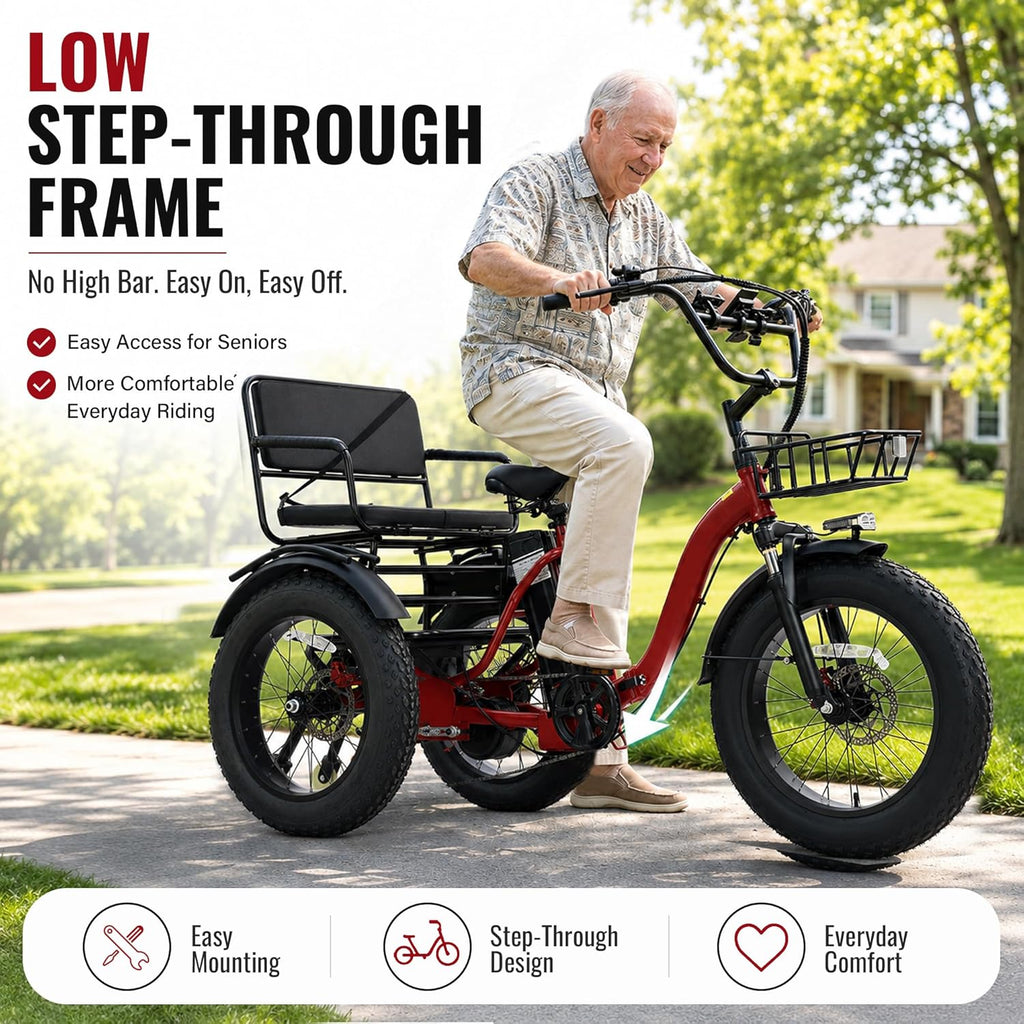 Two-Seater Folding Electric Tricycle for Adults with 1350W Peak Motor, Passenger Seat, 20" x 4.0" Fat Tires & Rear Differential