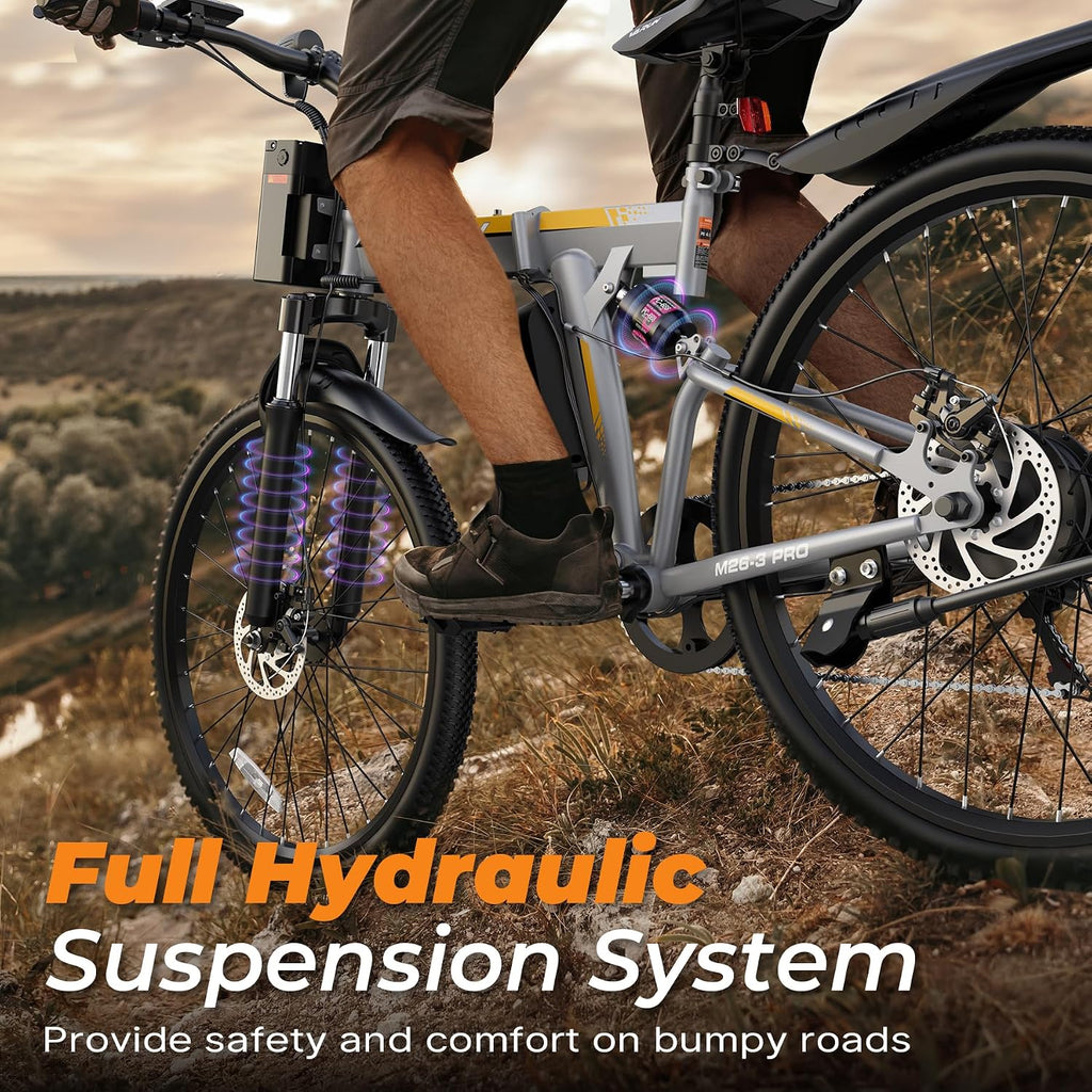 26" Foldable Electric Bike for Adults, Peak 750W Motor, Up to 20 MPH, All-Terrain E-Bike with Full Suspension & Up to 50 Miles Range