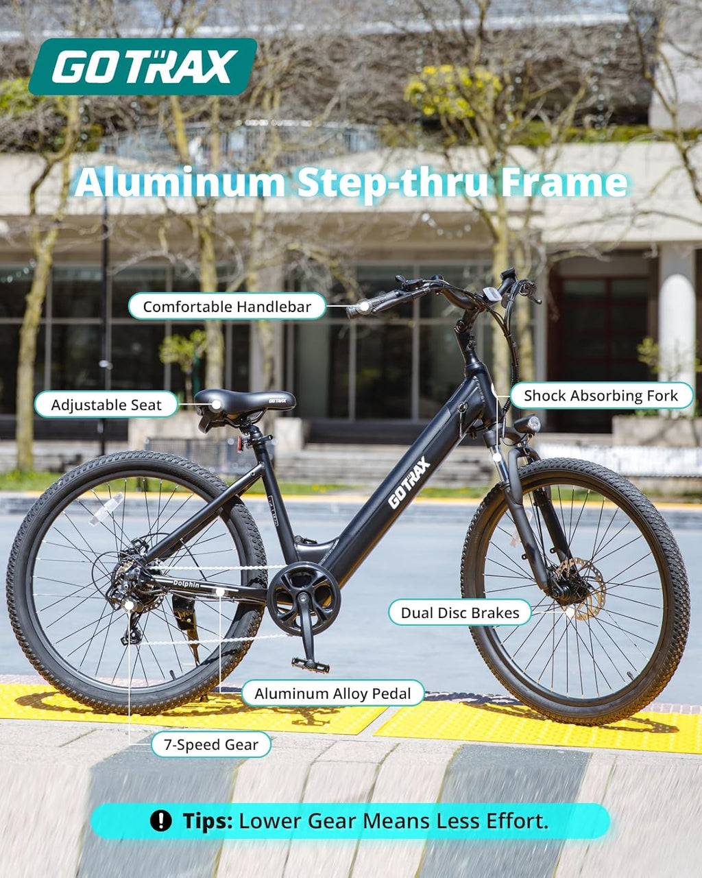 26" Step-Through Electric Bike for Adults – City Commuter E-Bike with Pedal Assist, Front Suspension & 7-Speed Gear System