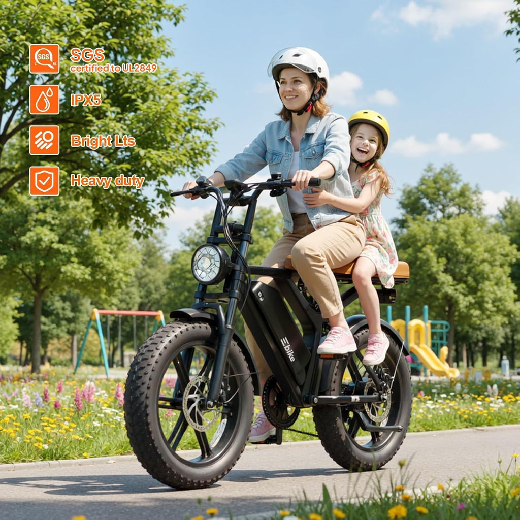 1500W Peak Electric Bike for Adults, 20" Fat Tire E-Bike with 60–100 Miles Range, Full Suspension, 7-Speed Gear System & Removable Power Pack, UL 2849 Certified