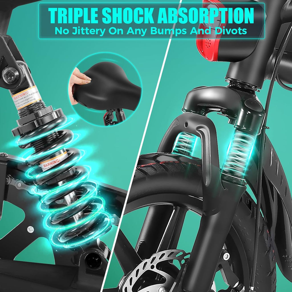 14" Foldable Electric Bike for Adults, Up to 20 MPH, 20–50 Mile Range, Dual Suspension, LCD Display, Compact Commuter E-Bike