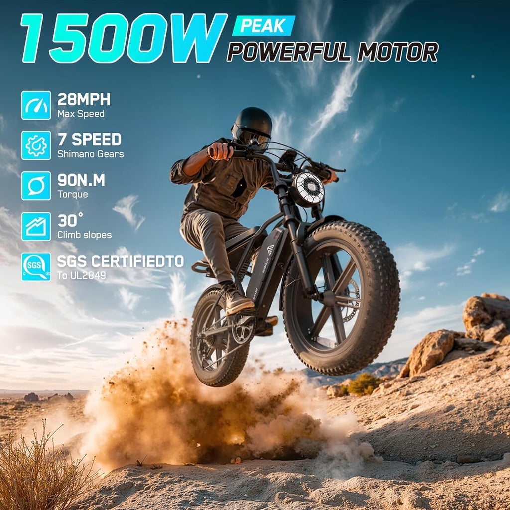 1500W Peak Electric Bike for Adults, 20" Fat Tire E-Bike with Up to 60 Miles Range, Full Suspension, 7-Speed Gear System & Removable Power Pack