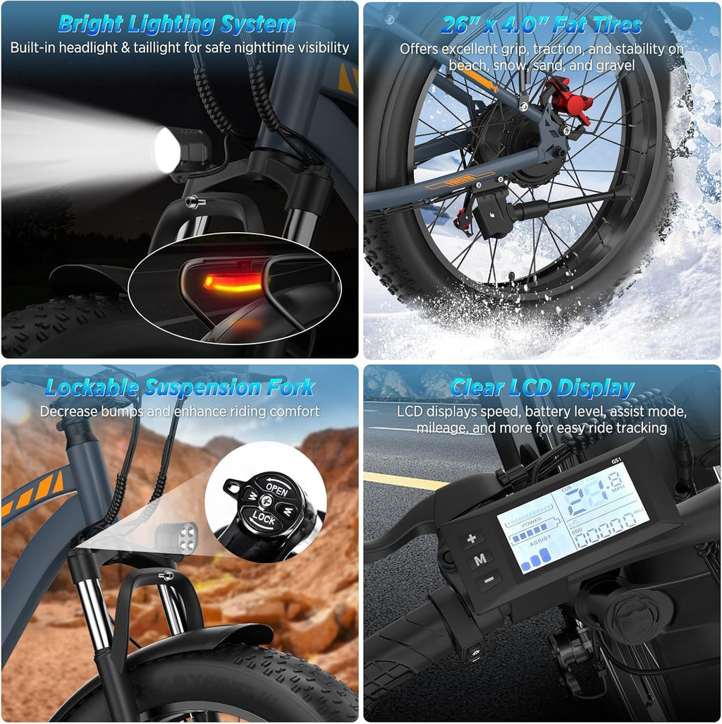 26" × 4" Fat Tire Electric Mountain Bike for Adults, 1500W Peak Motor, Up to 32 MPH, Up to 90 Mile Range, 7-Speed Full Suspension E-Bike