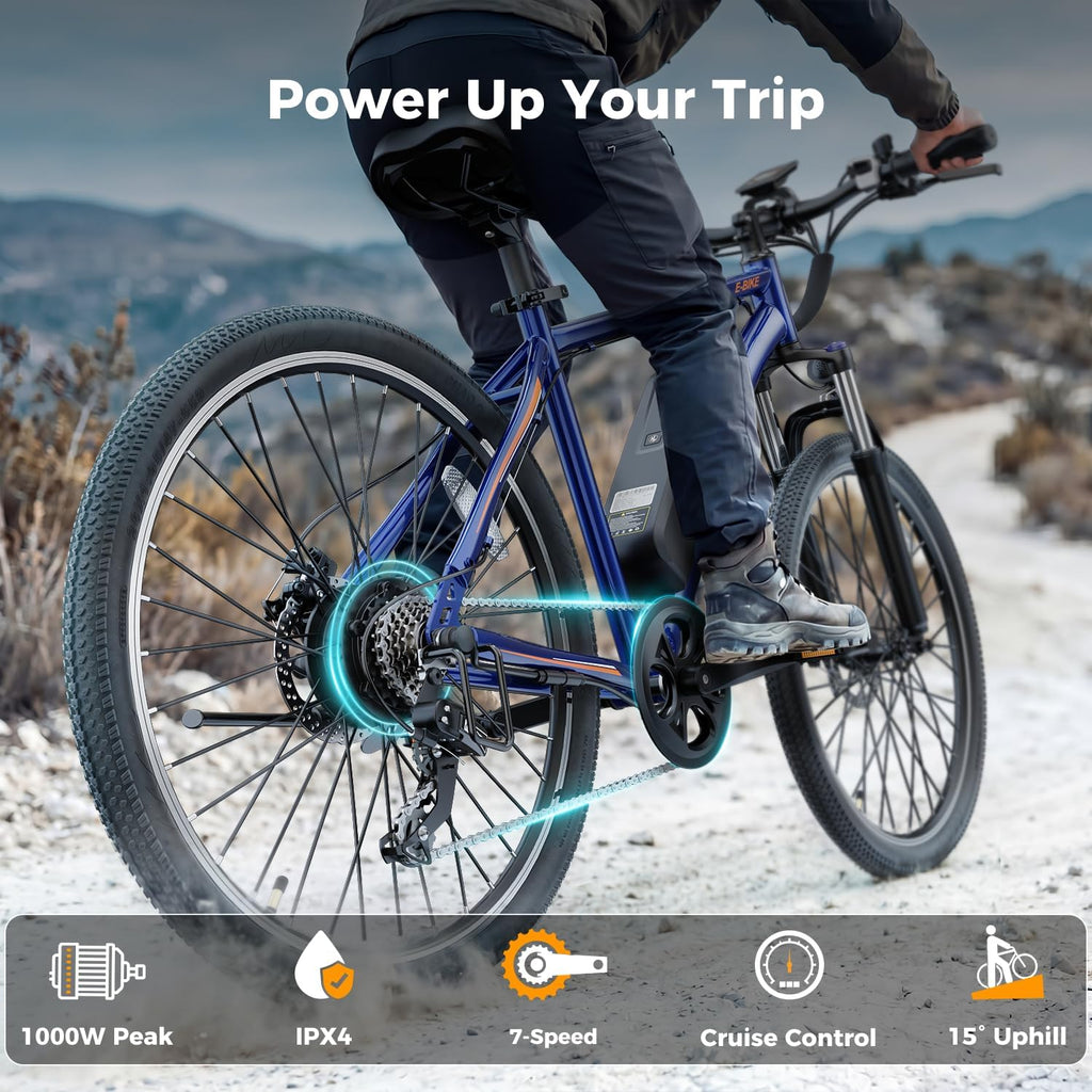 Electric Mountain Bike for Adults, 1000W Peak Motor, Up to 40 Mile Range, 7-Speed Commuter E-Bike with Front Suspension