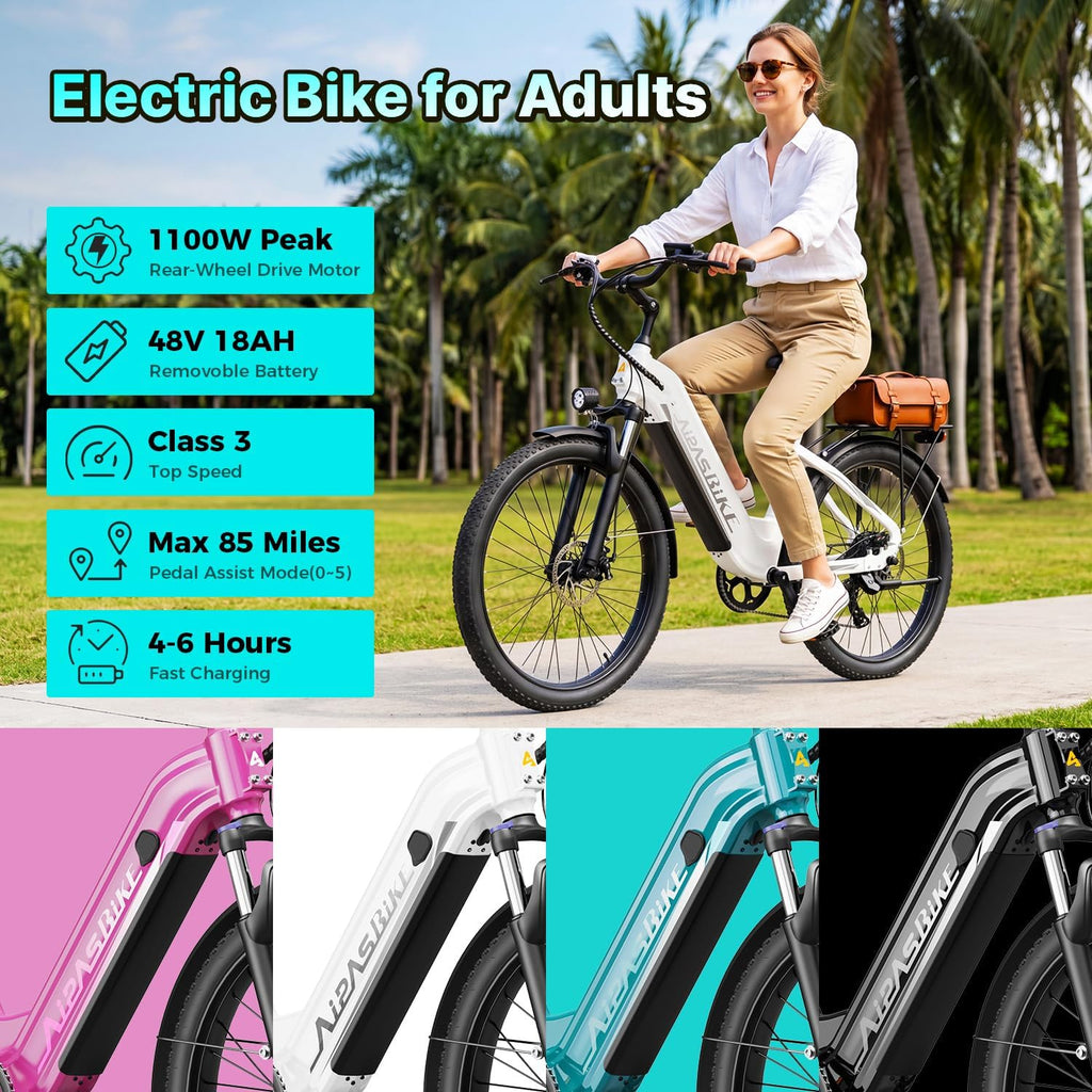 24" Electric Commuter Bike for Adults, 1100W Peak Motor, Up to 85 Mile Range, Adjustable Suspension, All-Terrain City E-Bike