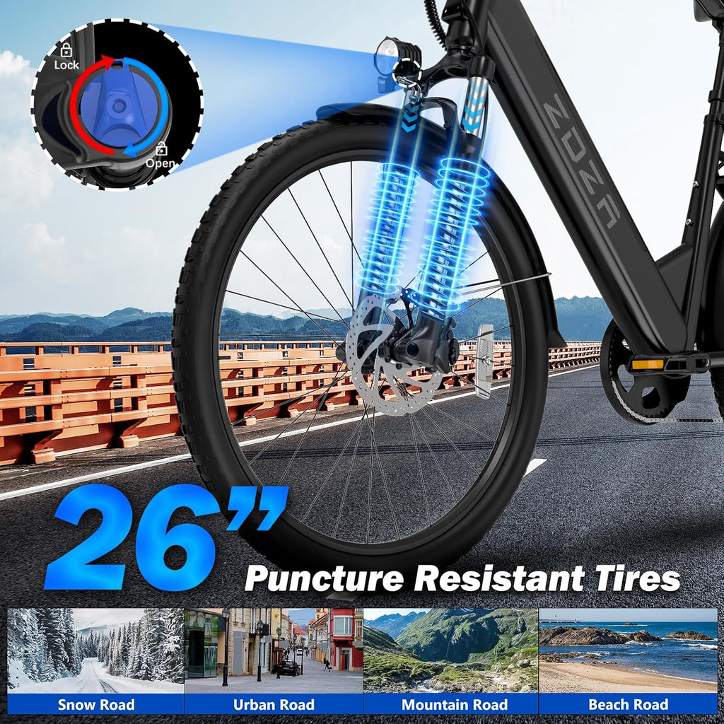 26" Step-Through Electric Bike for Adults, 1000W Peak Motor, Up to 22 MPH, Up to 60 Mile Range, 7-Speed Commuter E-Bike with Front Suspension
