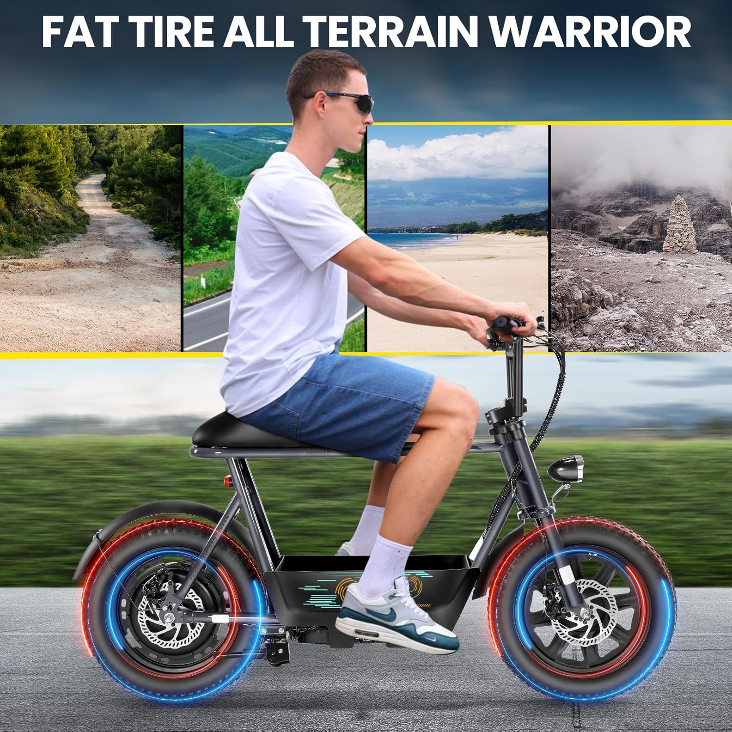 Electric Scooter with Seat for Adults, 1200W Peak Motor, 16" × 3" Fat Tires, Up to 20 MPH & 30 Miles Range with Storage Basket