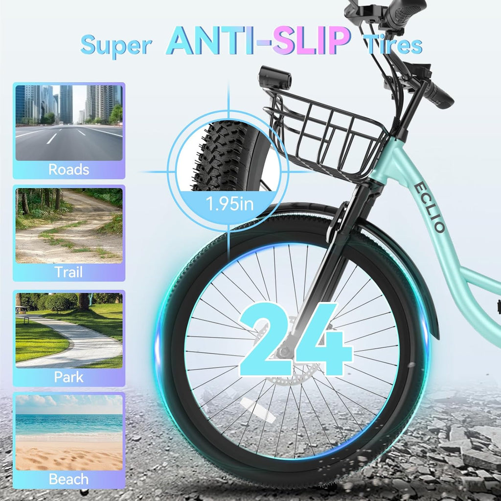 24" Step-Through Electric Bike for Adults, 1000W Peak Motor, Up to 65 Mile Range, 7-Speed City Cruiser Commuter E-Bike with Front Basket