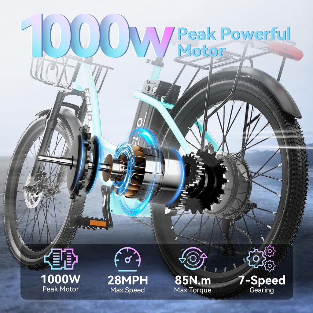 24" Step-Through Electric Bike for Adults, 1000W Peak Motor, Up to 65 Mile Range, 7-Speed City Cruiser Commuter E-Bike with Front Basket