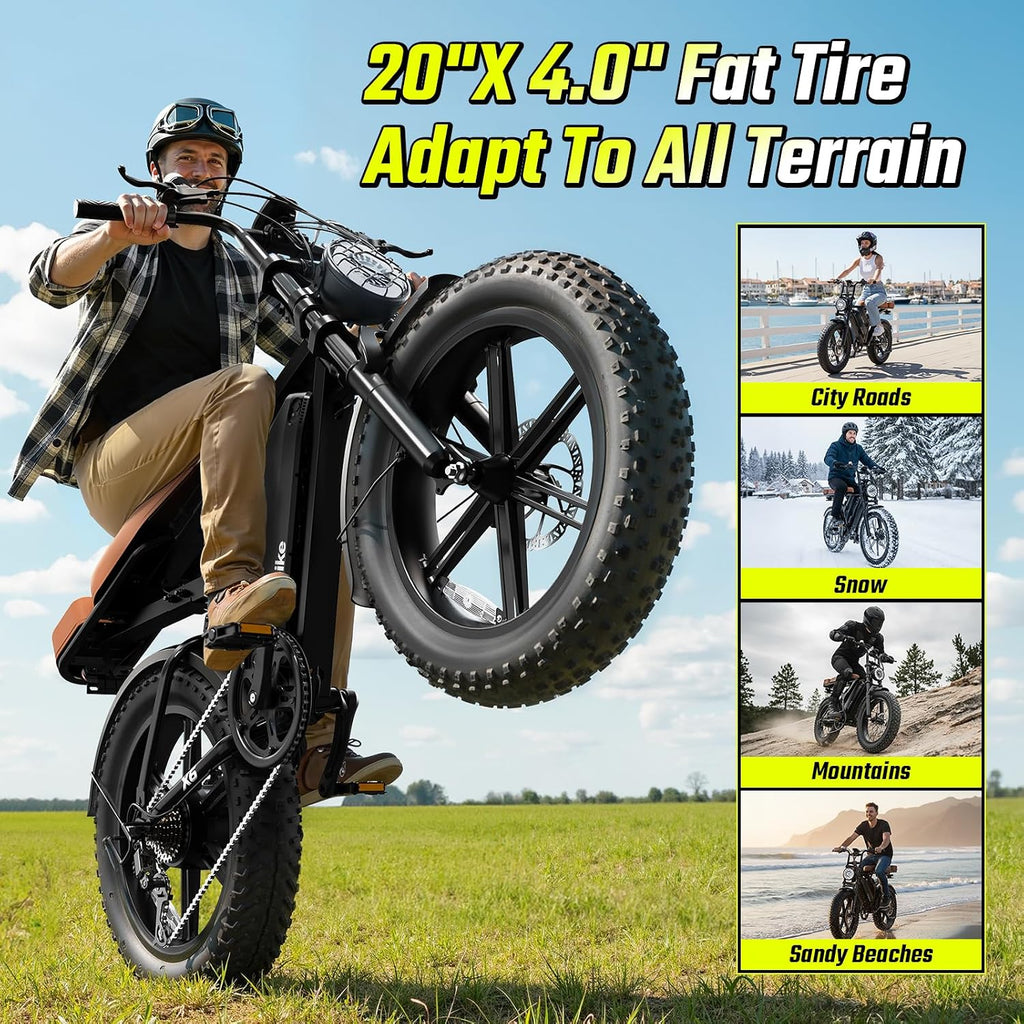 20" × 4.0" Fat Tire Electric Bike for Adults, 1500W Peak Motor, Up to 70–130 Mile Range, 7-Speed All-Terrain Commuter E-Bike