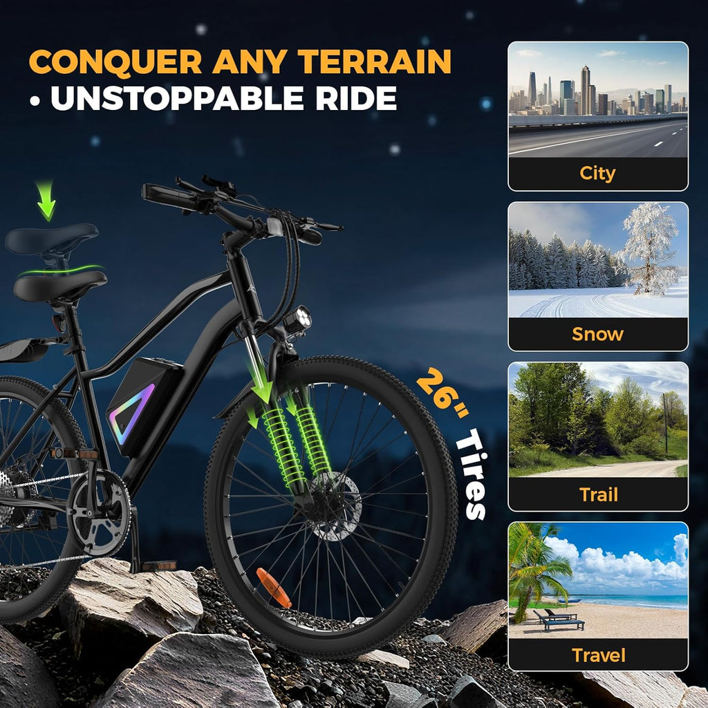 Electric Bike for Adults, 26" Commuter & 14" Foldable E-Bike, 1000W/1500W Peak Motor, Up to 55–80 Miles Range, Removable Power Pack for Urban Commuting
