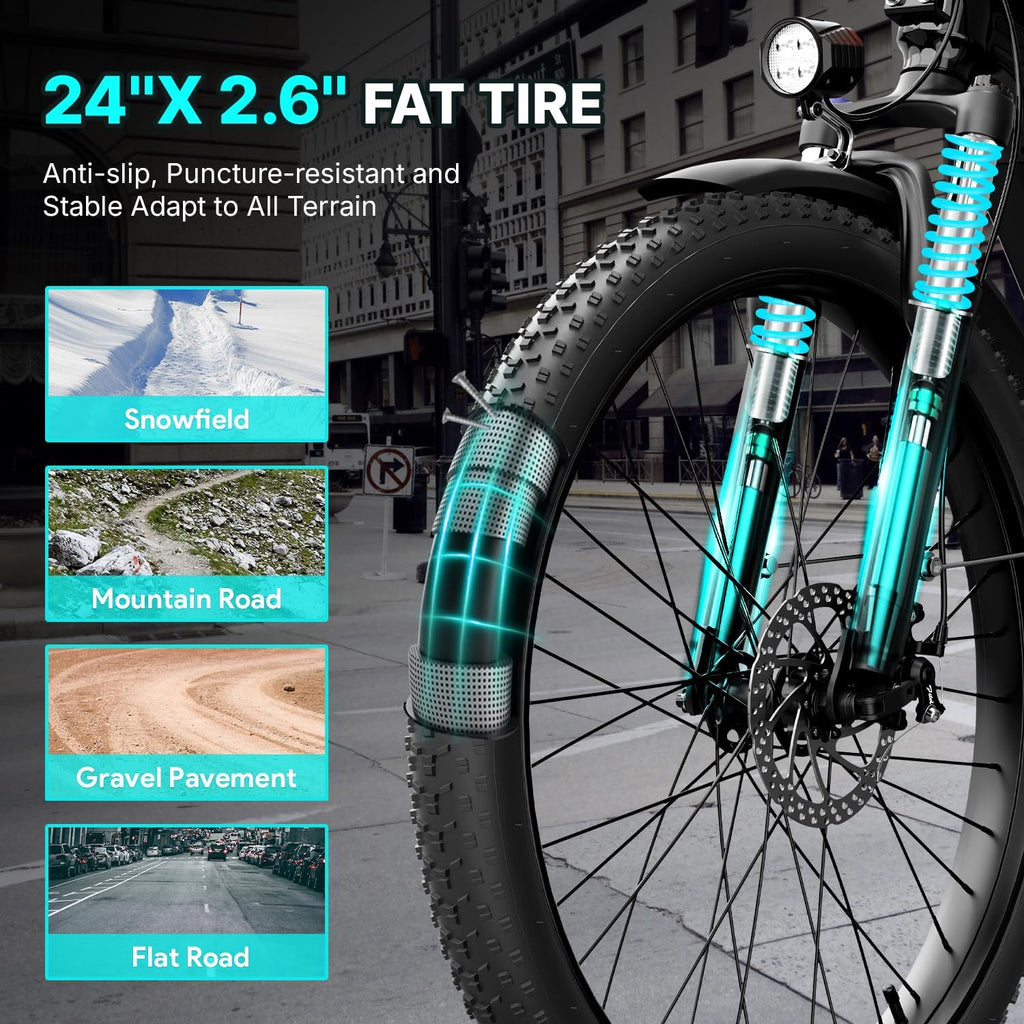 24" Electric Commuter Bike for Adults, 1100W Peak Motor, Up to 85 Mile Range, Adjustable Suspension, All-Terrain City E-Bike