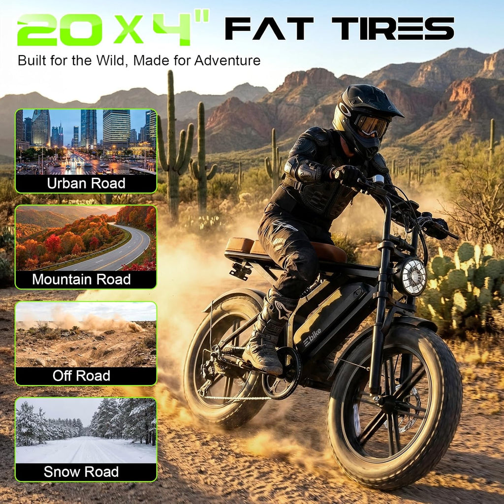 Retro Fat Tire Electric Bike for Adults – Full Suspension E-Bike with App Control, Long Range & All-Terrain Performance