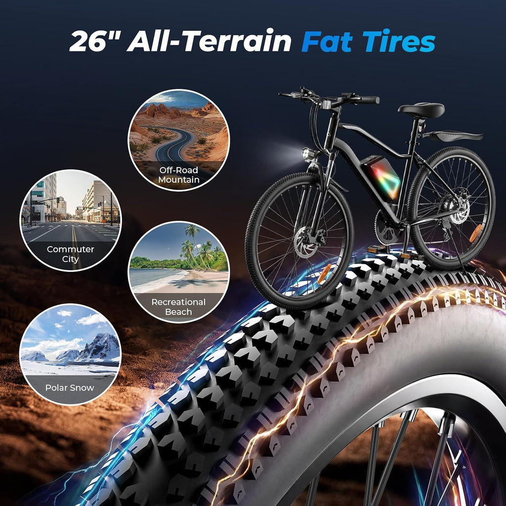 26" Electric Bike for Adults, 750W Motor, 7-Speed Commuter E-Bike, Up to 20 MPH, 50–60+ Mile Range, Adjustable Seat