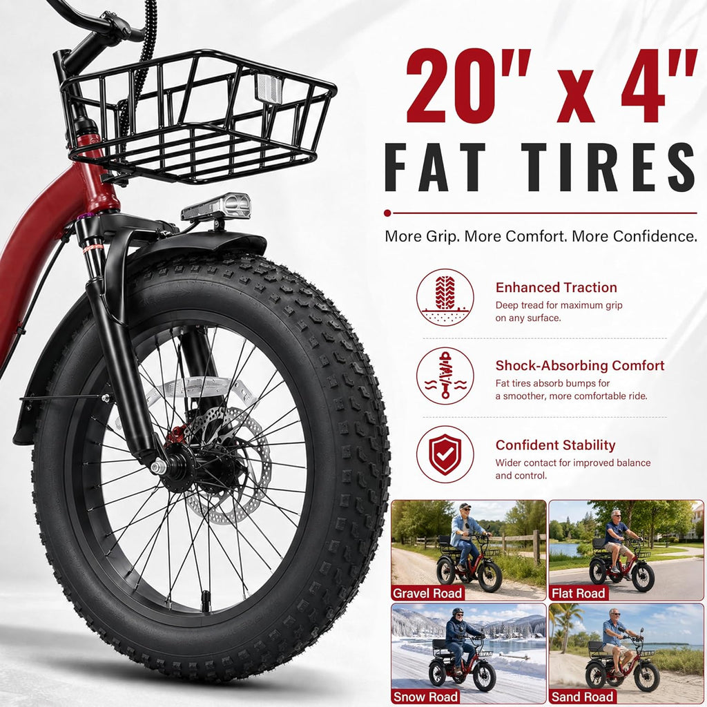 Two-Seater Folding Electric Tricycle for Adults with 1350W Peak Motor, Passenger Seat, 20" x 4.0" Fat Tires & Rear Differential
