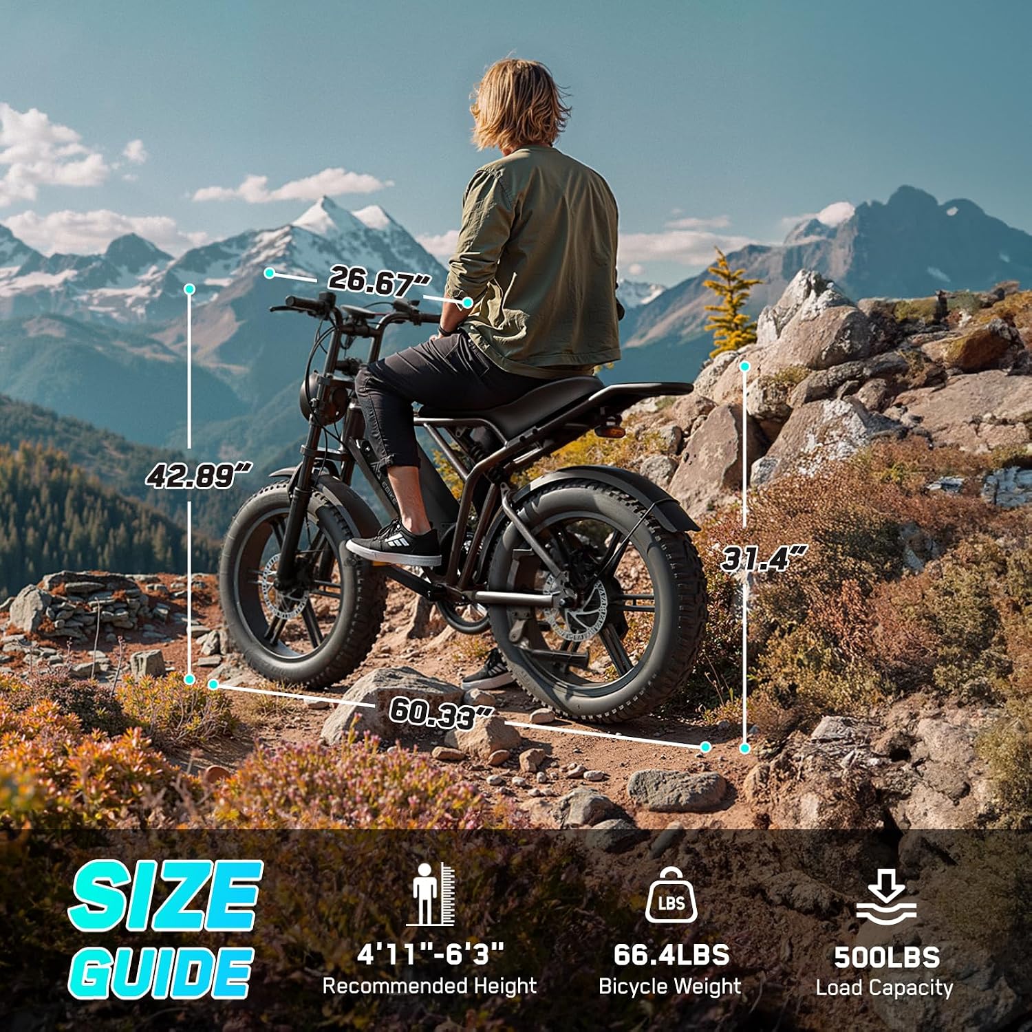 1500W Peak Electric Bike for Adults, 20" Fat Tire E-Bike with Up to 60 Miles Range, Full Suspension, 7-Speed Gear System & Removable Power Pack