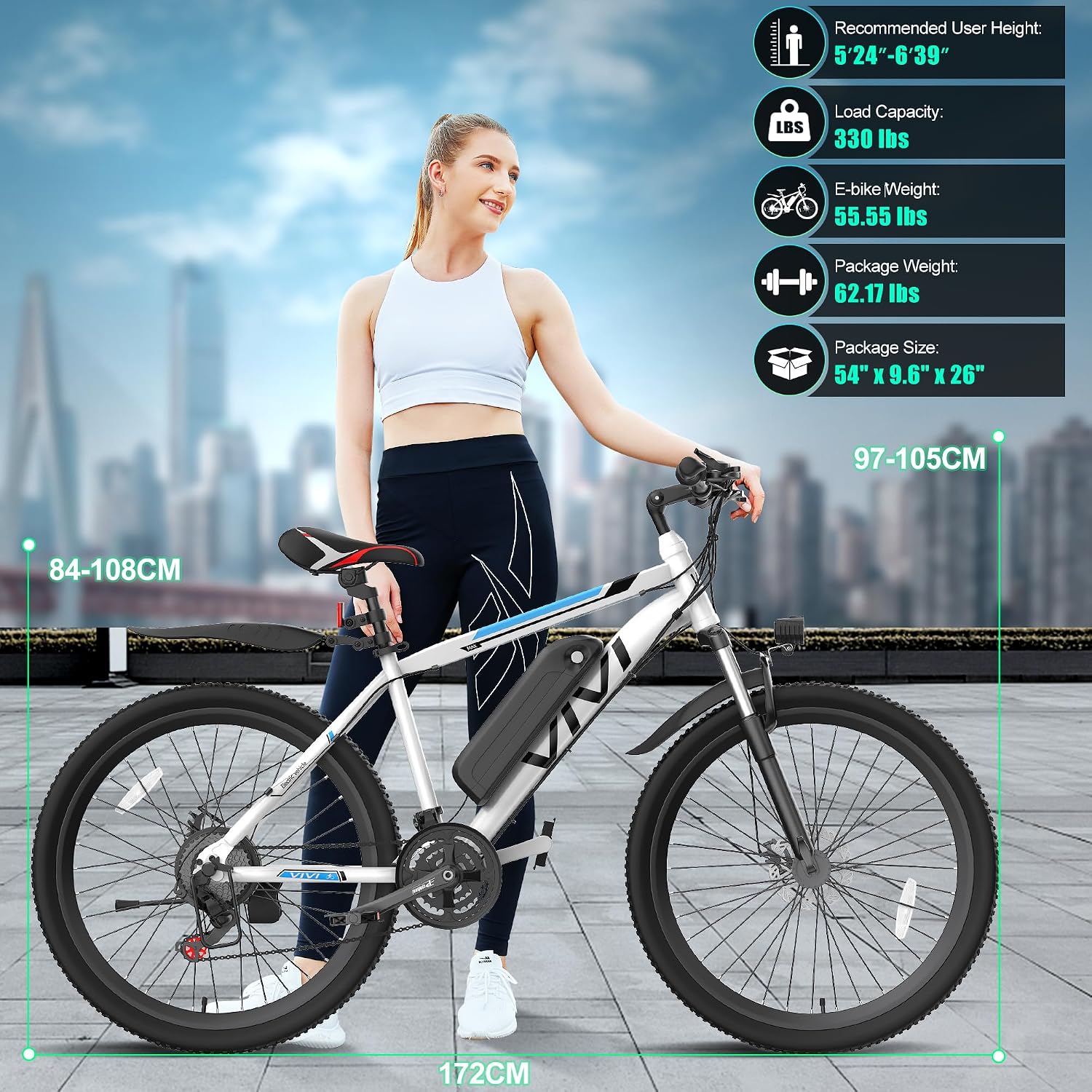 26" Electric Mountain Bike for Adults with 749W Peak Motor, 21-Speed Gear System, Up to 20 MPH, 50 Miles Pedal-Assist Range & UL 2849 Certified