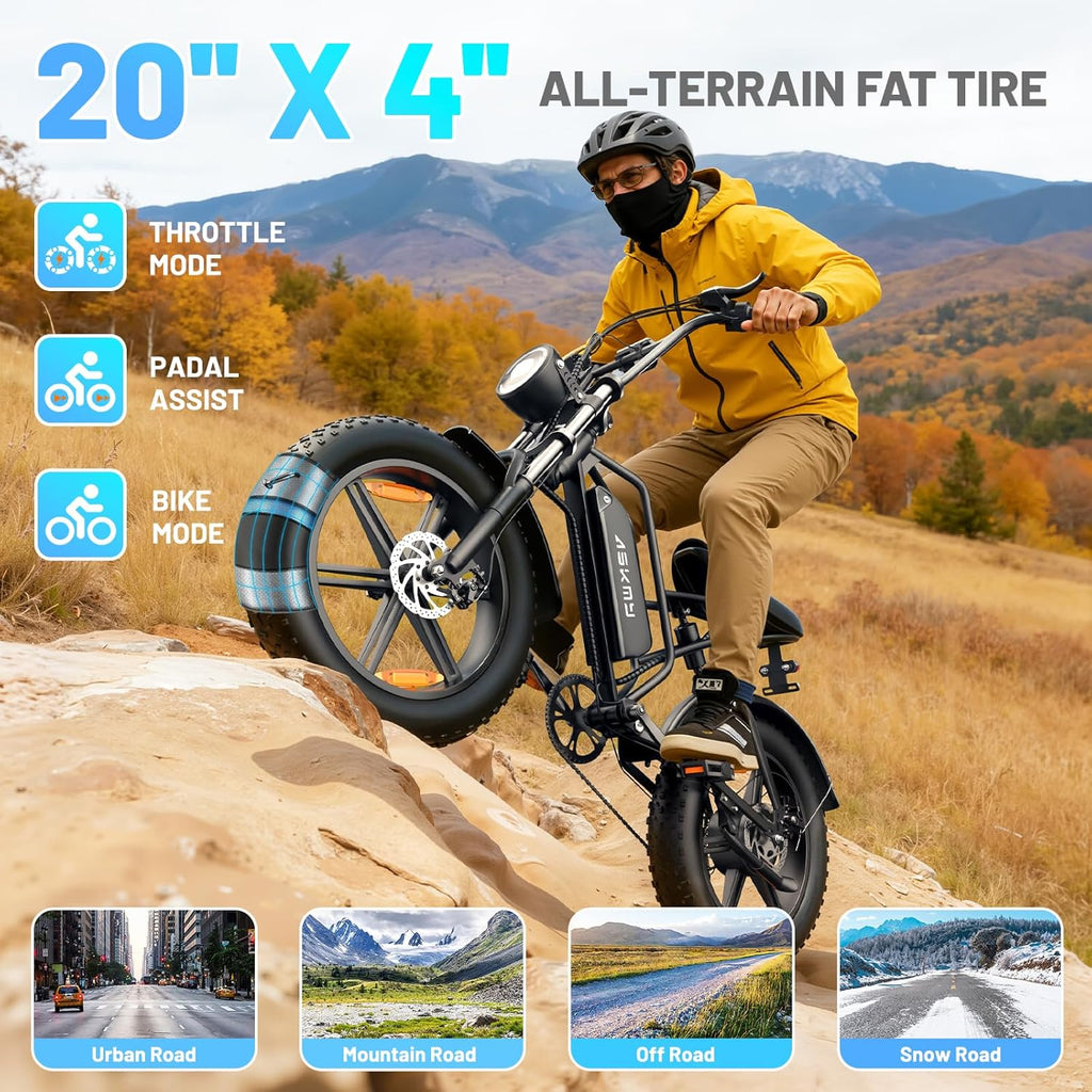 Fat Tire Electric Mountain Bike, 1500W Peak Motor, All-Terrain Electric Bicycle, Up to 60 Mile Pedal-Assist Range