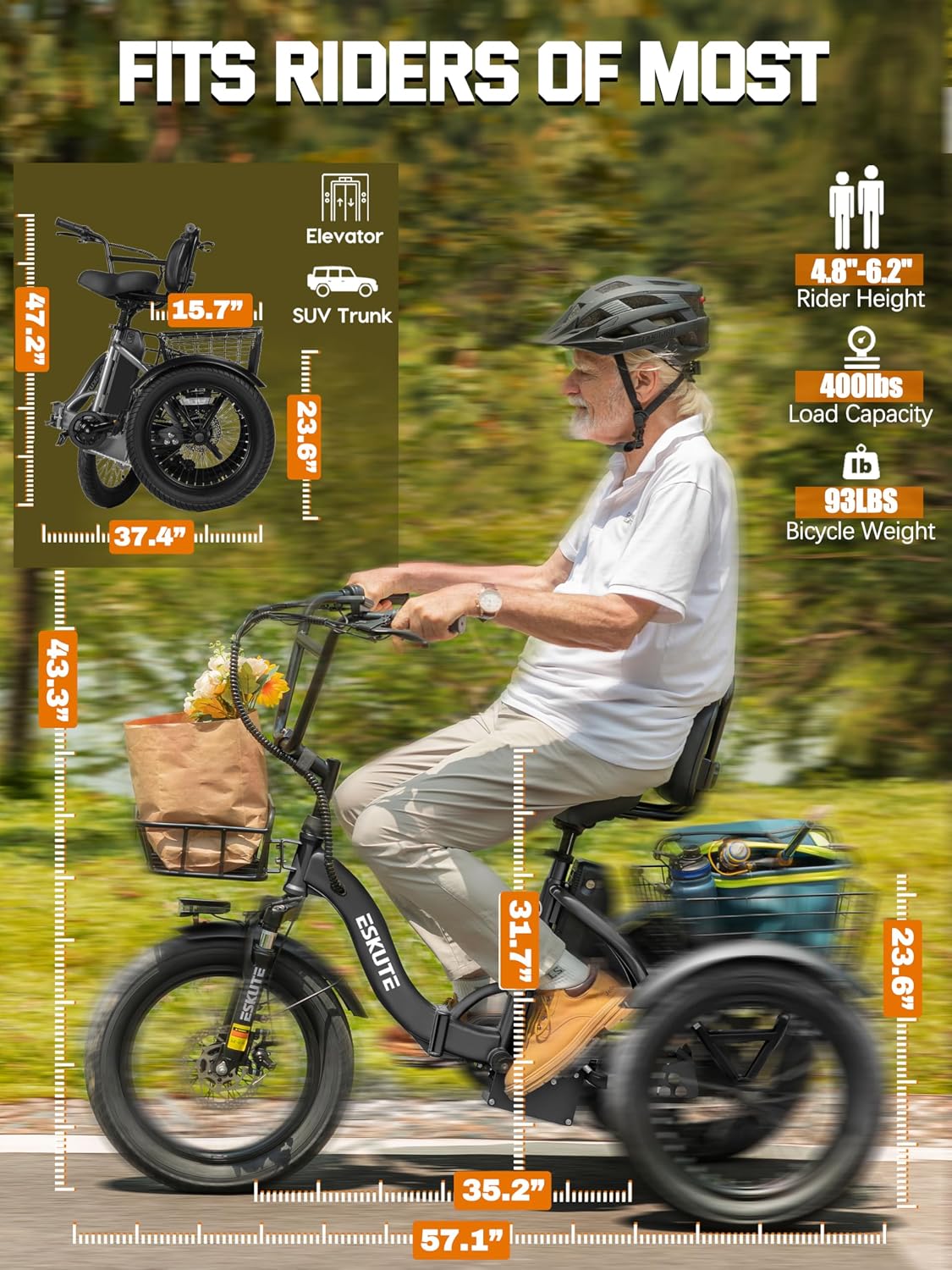 Adult Folding Electric Trike with Peak Motor, 18" Fat Tires, Step-Through 3-Wheel Electric Bicycle, Up to 18 MPH, Long-Range Electric Tricycle