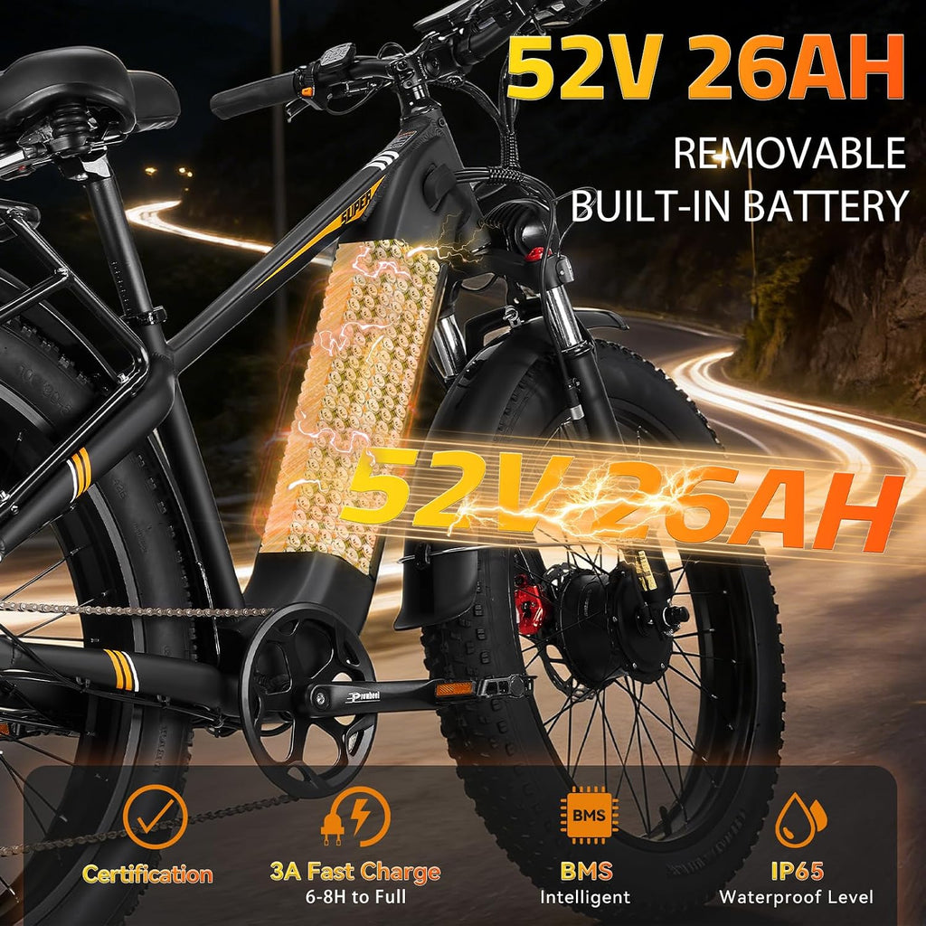26" Dual Motor Electric Bike for Adults, 8000W Peak Motor, Up to 50 MPH, Up to 100 Mile Range, Full Suspension All-Terrain E-Bike