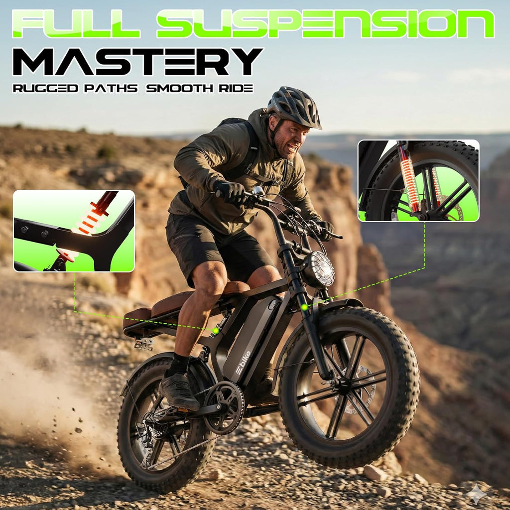 Retro Fat Tire Electric Bike for Adults – Full Suspension E-Bike with App Control, Long Range & All-Terrain Performance