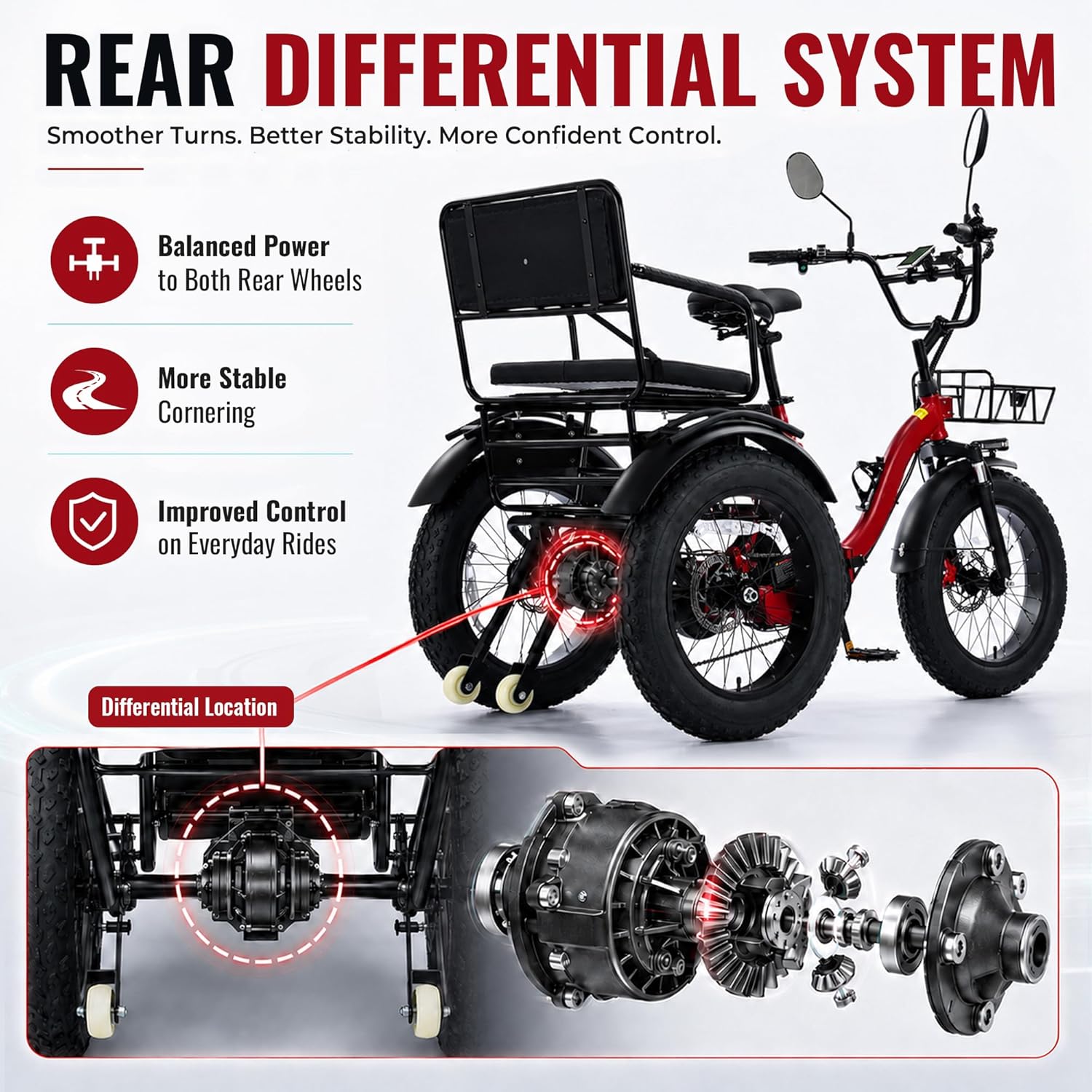 Two-Seater Folding Electric Tricycle for Adults with 1350W Peak Motor, Passenger Seat, 20" x 4.0" Fat Tires & Rear Differential