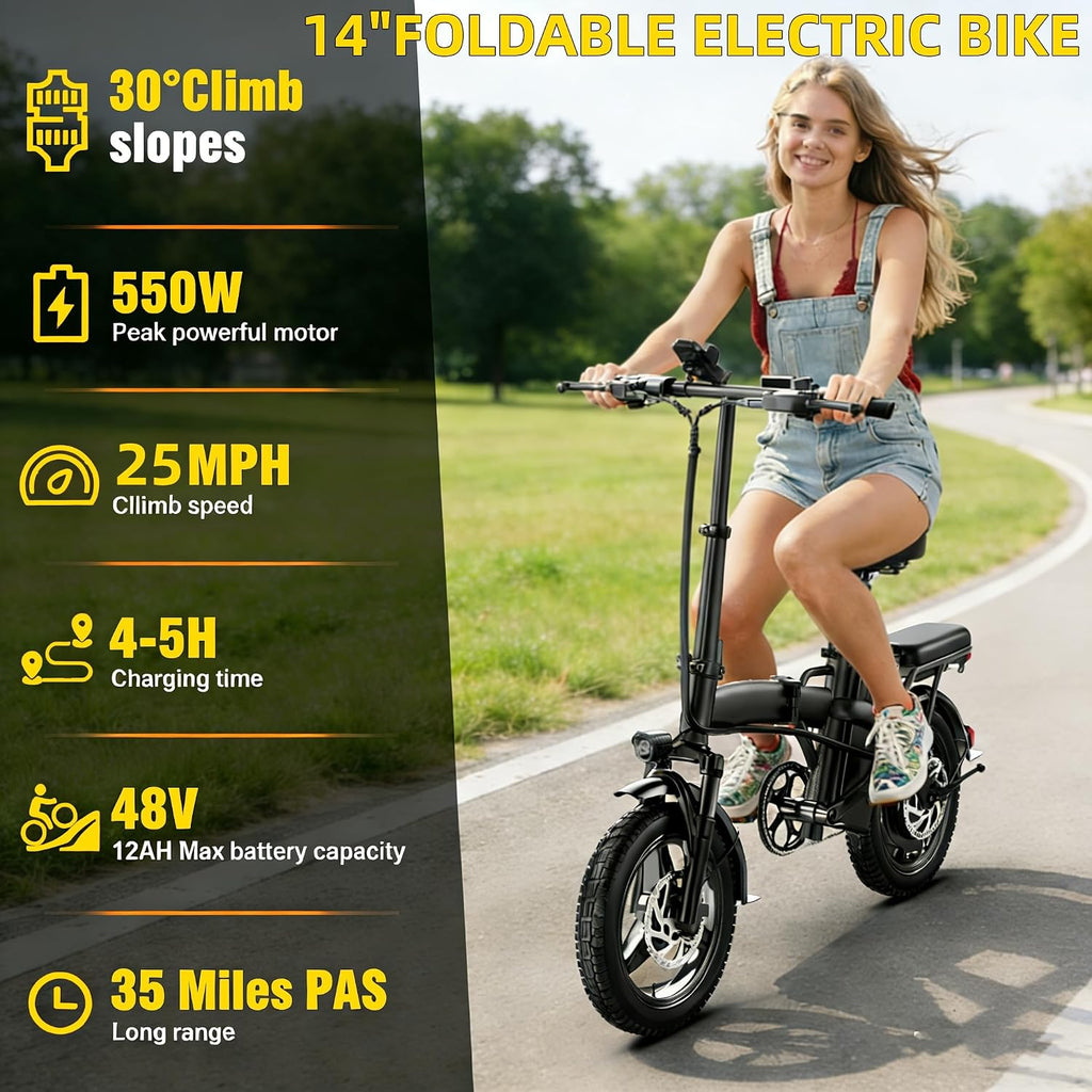 Folding Electric Bike for Adults & Teens with 550W Motor, Up to 25 MPH, 35 Miles Range, Front Suspension & Tool-Free Fold Design