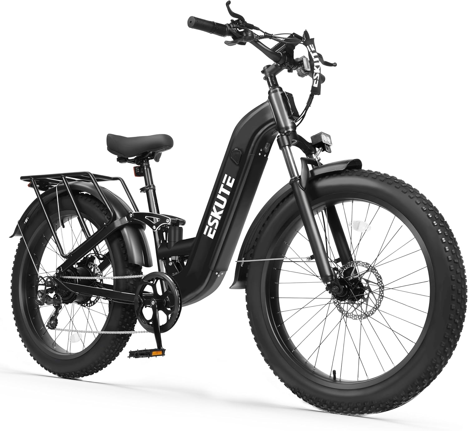 26" × 4.0" Fat Tire Step-Through Electric Bike for Adults, 1500W Peak Motor, Up to 32+ MPH, Up to 80 Mile Range, 8-Speed Full Suspension Commuter E-Bike