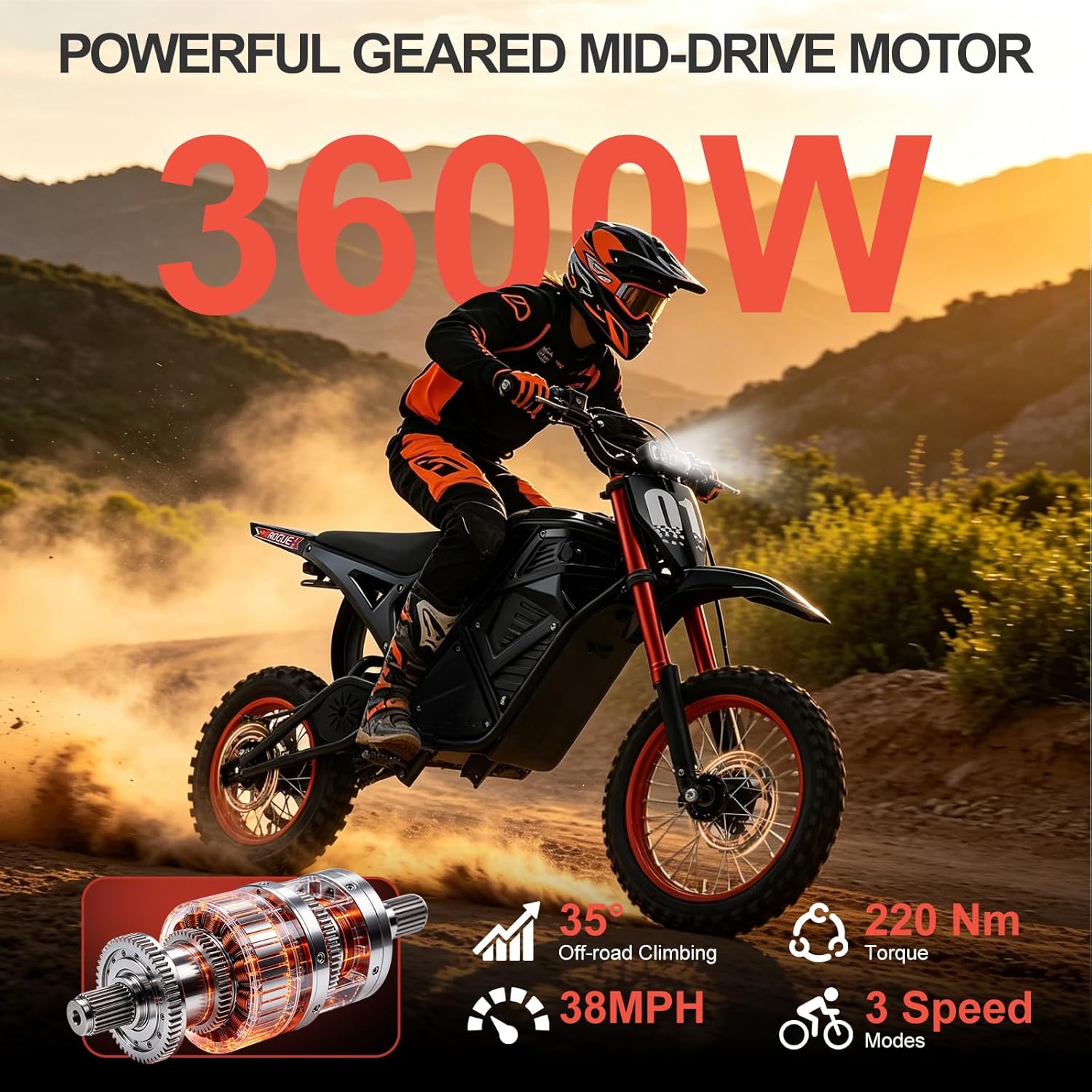 Off-Road Electric Dirt Bike for Teens & Adults – 3600W Mid-Drive Motor, 38 MPH Electric Motorcycle with Nitrogen Shock Absorbers