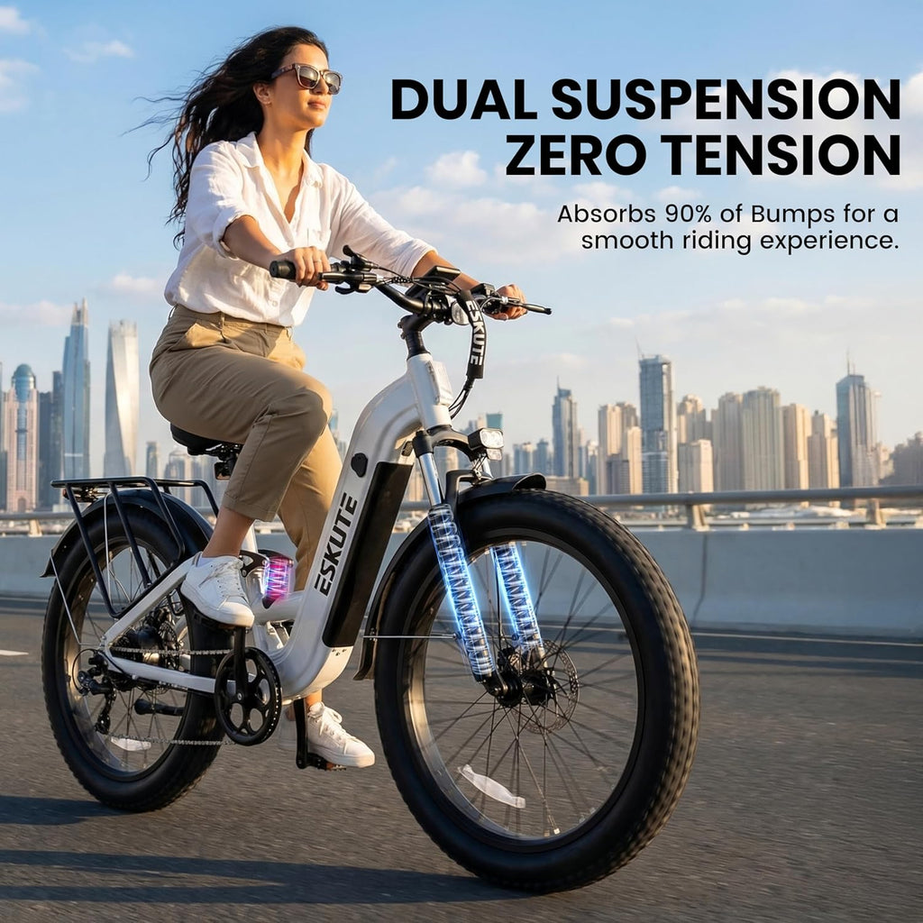 26" × 4.0" Fat Tire Step-Through Electric Bike for Adults, 1500W Peak Motor, Up to 32+ MPH, Up to 80 Mile Range, 8-Speed Full Suspension Commuter E-Bike