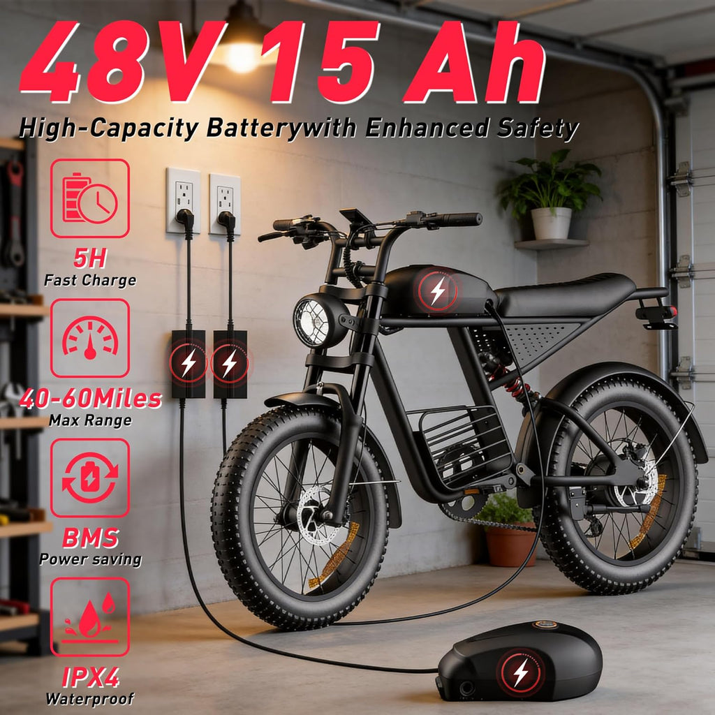 20" Fat Tire Electric Mountain Bike for Adults, 3000W/1500W/1000W Peak Motor, Up to 37 MPH, 40–80 Mile Range, All-Terrain E-Bike, UL 2849 Certified