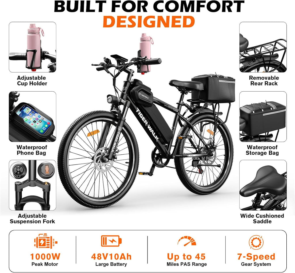 26" Electric Mountain Bike for Adults with 1000W Peak Motor, Lockable Suspension Fork, 7-Speed Gear System, Up to 24.7 MPH & 45 Miles Range