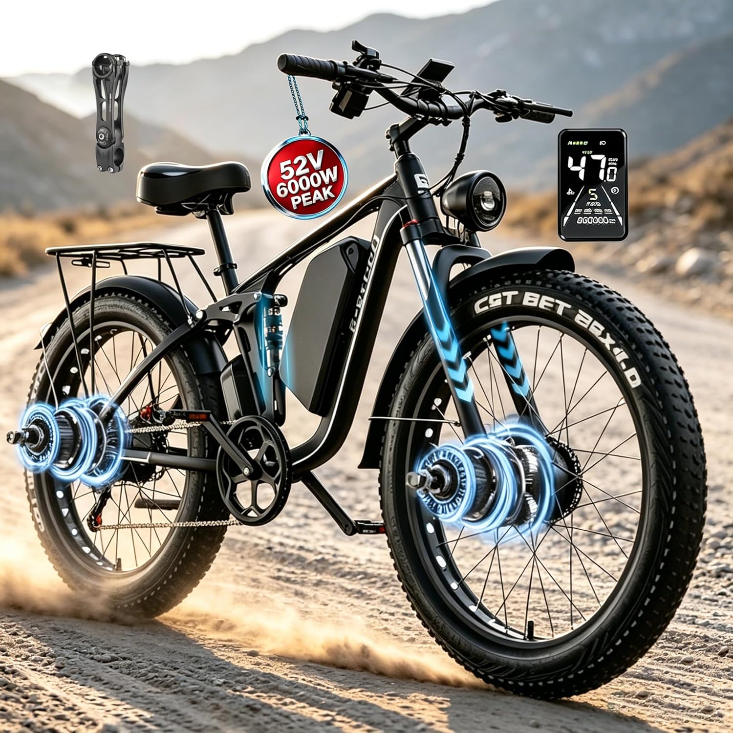 Dual Motor Electric Mountain Bike for Adults, 6000W Peak Power, Up to 50 MPH, Up to 100 Mile Range, Full Suspension, Hydraulic Brakes, 24"/26" Fat Tire E-Bike