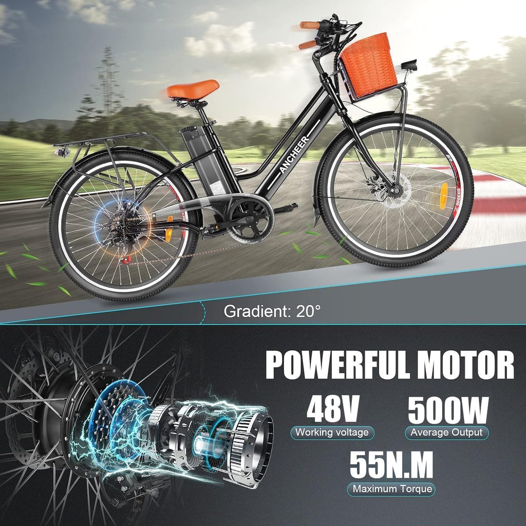 26" Step-Through Electric City Bike for Adults, Peak 749W Motor, Commuter E-Bike with Basket & Up to 50 Miles Range