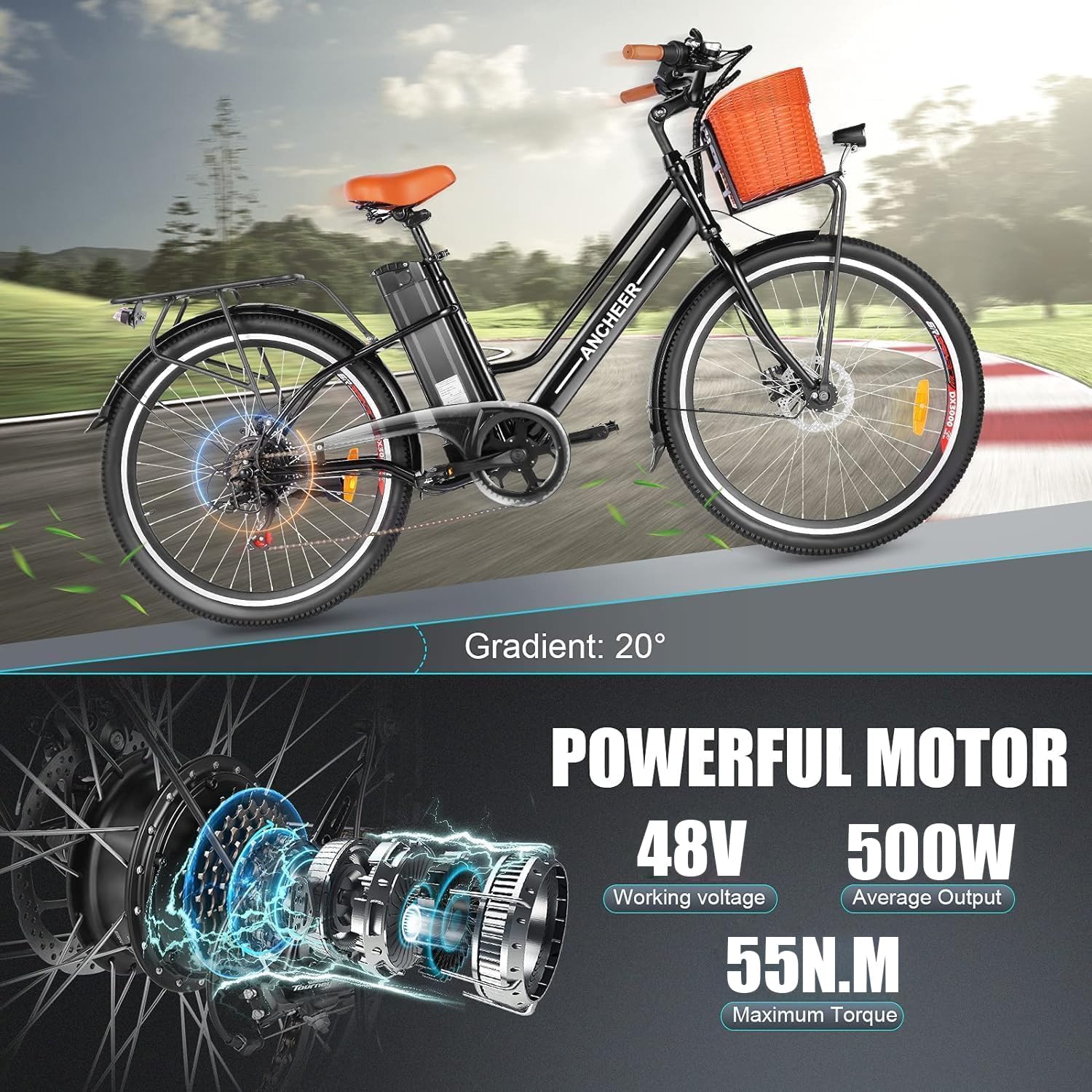 26" Step-Through Electric City Bike for Adults, Peak 749W Motor, Commuter E-Bike with Basket & Up to 50 Miles Range
