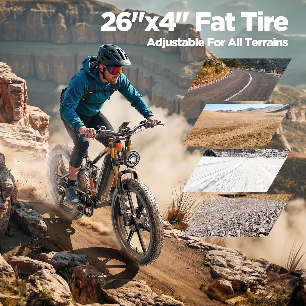 3000W Peak Dual Motor Electric Bike for Adults, 26" Fat Tire Full Suspension E-Bike, Up to 32 MPH Speed, Hydraulic Dual Disc Brakes & Aluminum Frame Mountain Bicycle