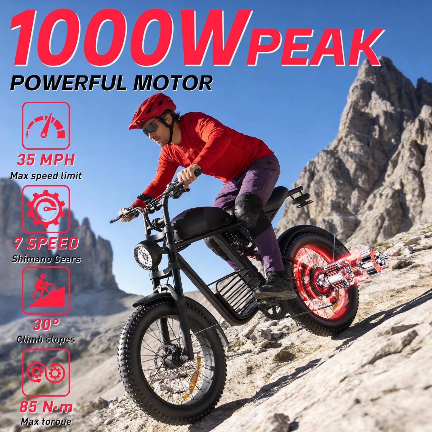 20" Fat Tire Electric Bike for Adults, Peak 3000W Motor, Up to 37 MPH, All-Terrain Mountain E-Bike with Up to 80 Miles Range