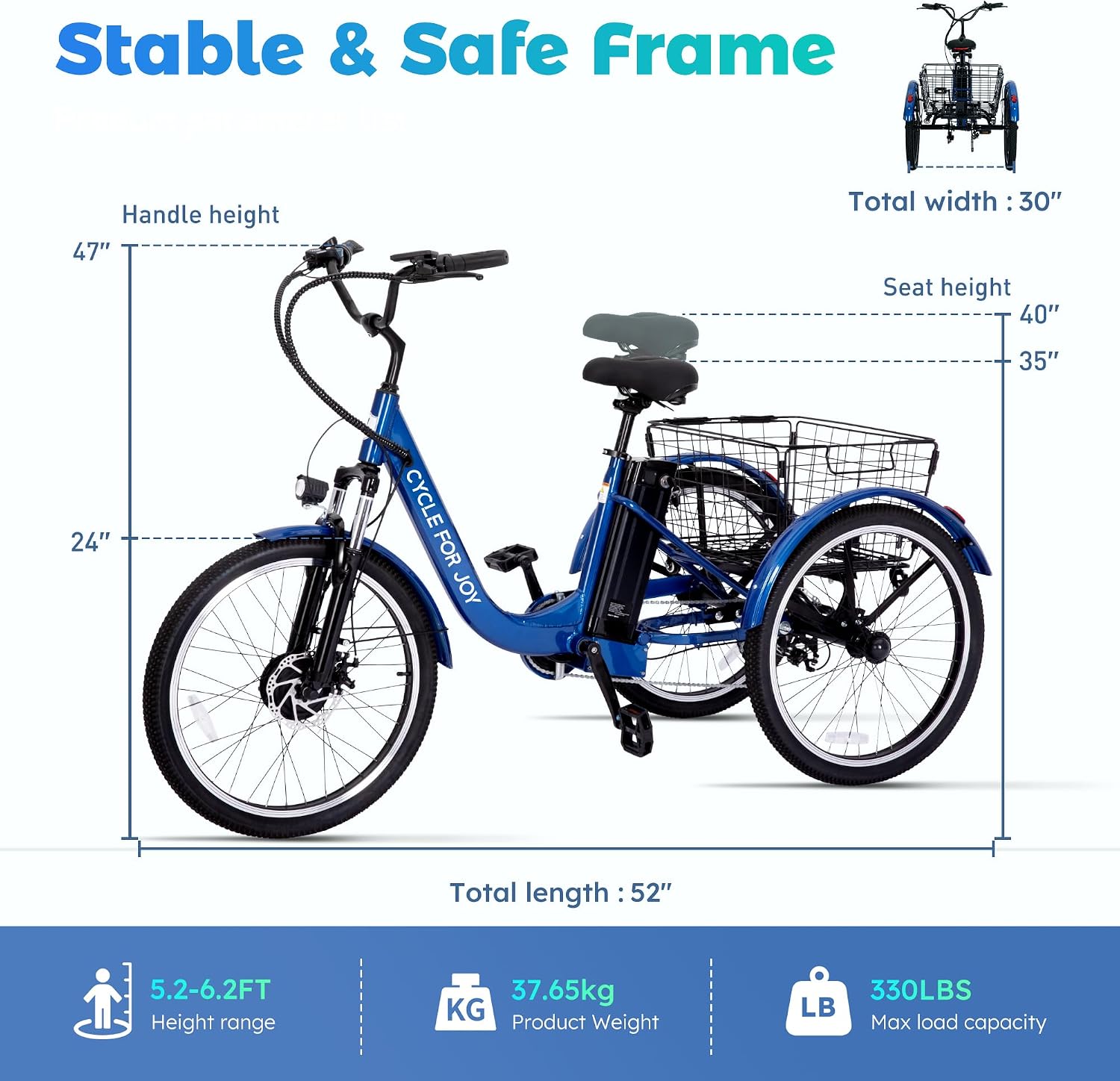 24" Electric Tricycle for Adults, 7-Speed Commuter Trike, Hydraulic Disc Brakes, Multi-Suspension, Removable Rechargeable Power Pack