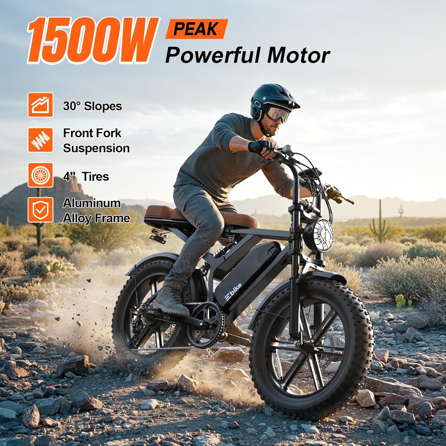 1500W Peak Electric Bike for Adults, 20" Fat Tire E-Bike with 60–100 Miles Range, Full Suspension, 7-Speed Gear System & Removable Power Pack, UL 2849 Certified